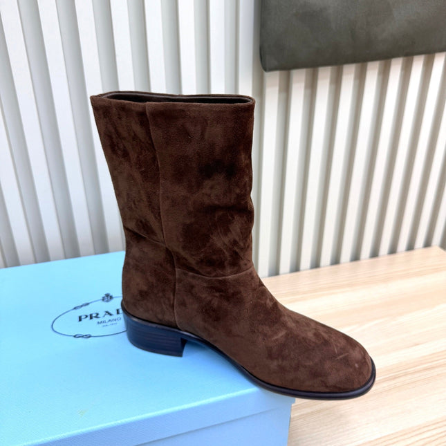 PRADA 25S LOW-CUT BOOTS IN DARK BROWN SUEDE
