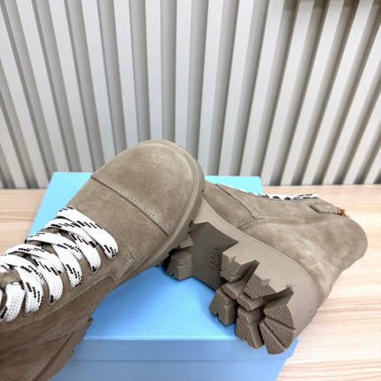 PRADA 25S MONOLITH BOOTS IN MUTED KHAKI BROWN SUEDE