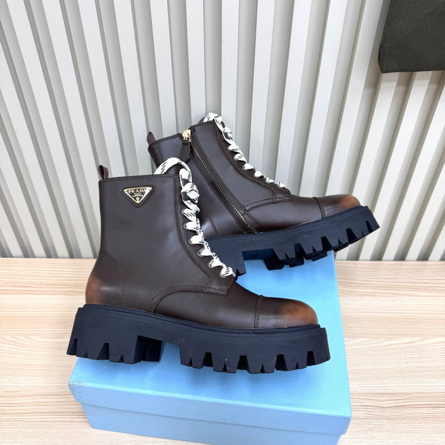 PRADA 25S MONOLITH BOOTS IN DARK BROWN CALFSKIN