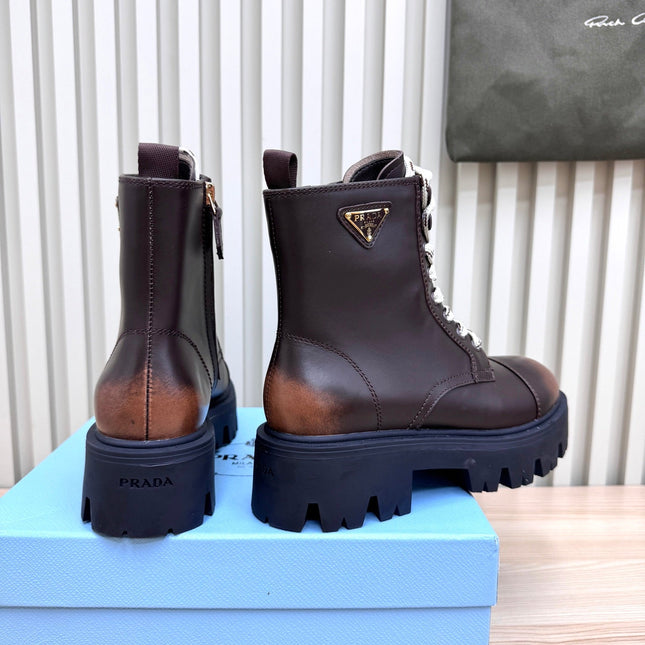 PRADA 25S MONOLITH BOOTS IN DARK BROWN CALFSKIN