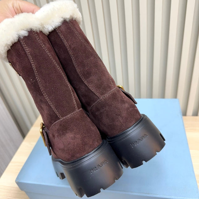 PRADA 25S MARTIN BOOTS IN DARK BURGUNDY BROWN SUEDE FUR-LINED