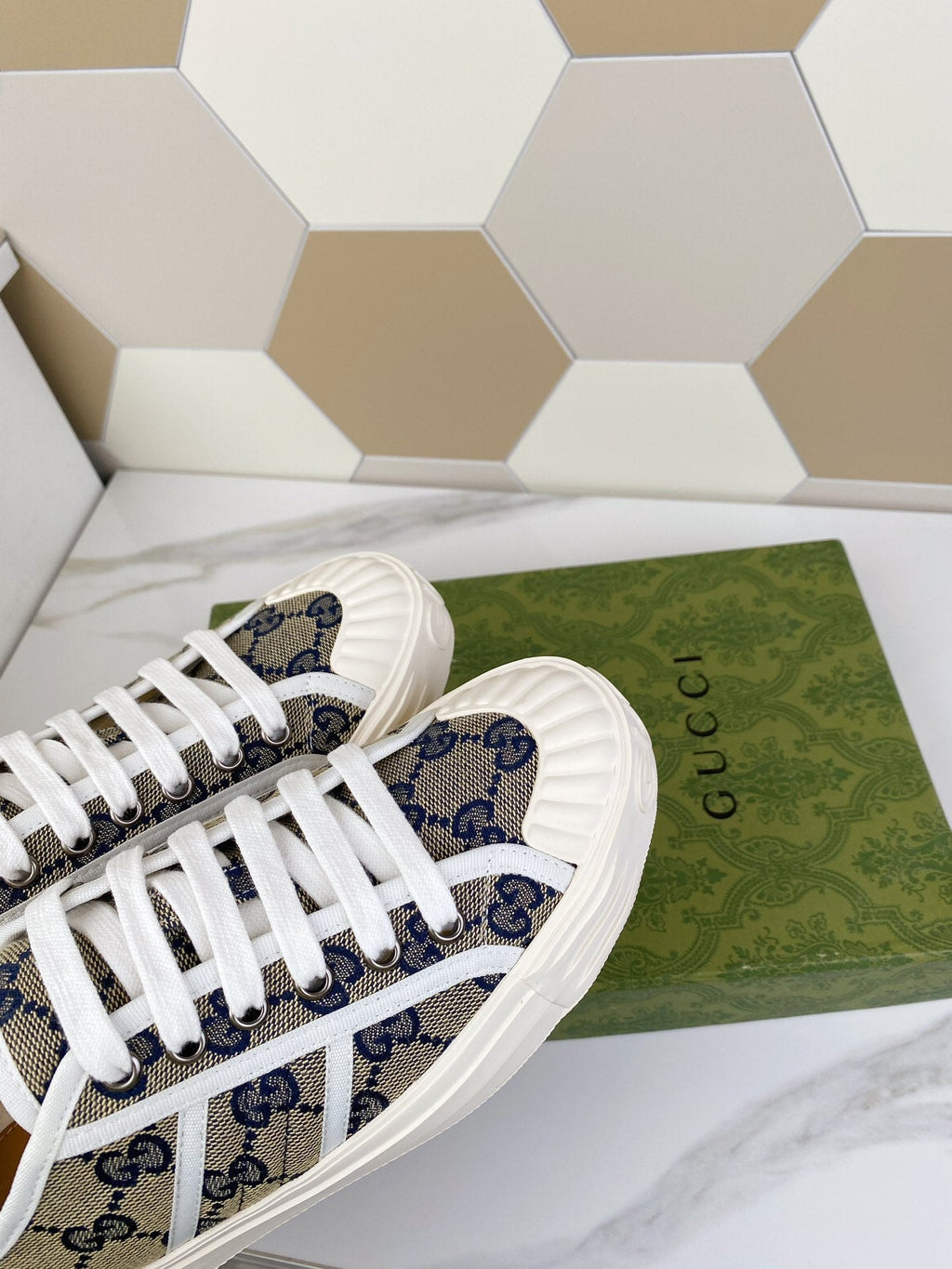 GG JULIO SNEAKER WITH WEB NAVY PATTERNED CANVAS