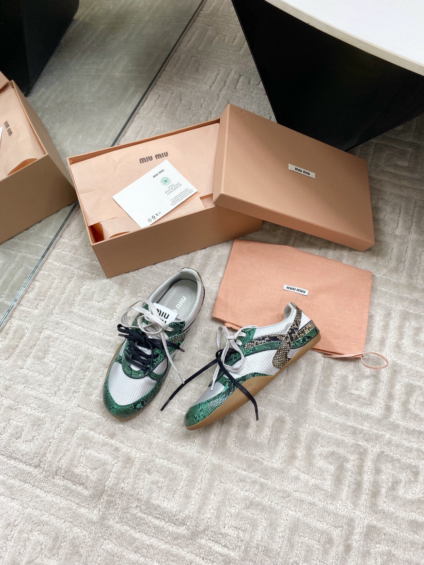 SNAKESKIN-LEATHER SNEAKERS IN GREEN MIX GREY CALFSKIN AND MESH