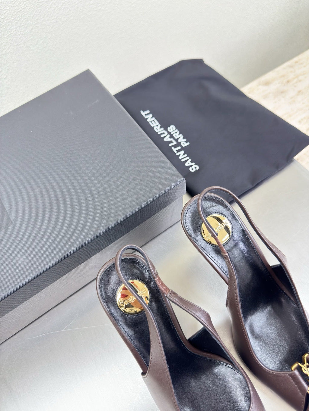 YSL 26S SLINGBACK HIGH HEELS 105 MM IN DARK BROWN CALFSKIN