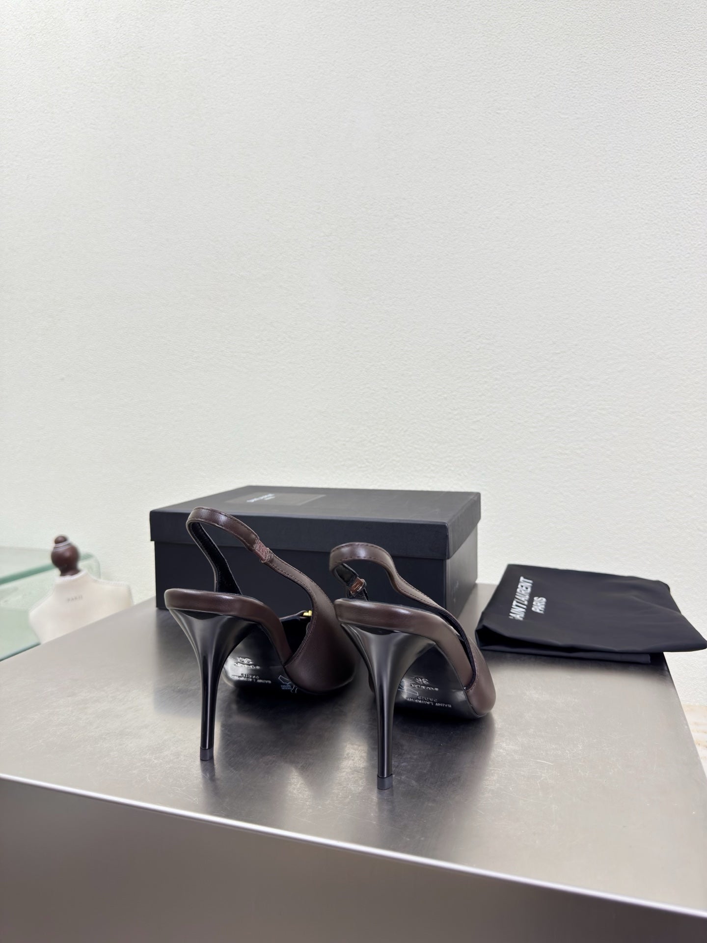 YSL 26S SLINGBACK HIGH HEELS 105 MM IN DARK BROWN CALFSKIN