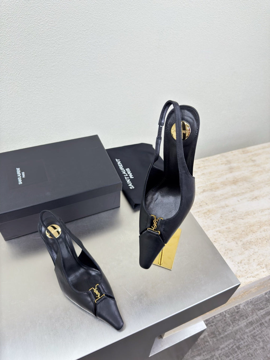YSL 26S SLINGBACK HIGH HEELS 105 MM IN BLACK CALFSKIN