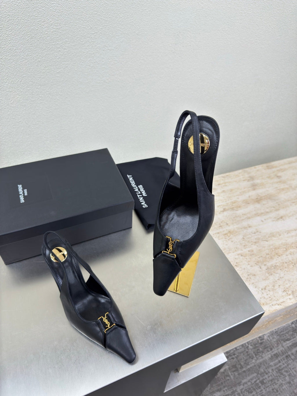 YSL 26S SLINGBACK HIGH HEELS 105 MM IN BLACK CALFSKIN