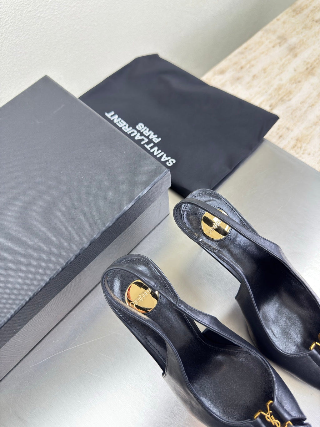 YSL 26S SLINGBACK HIGH HEELS 105 MM IN BLACK CALFSKIN