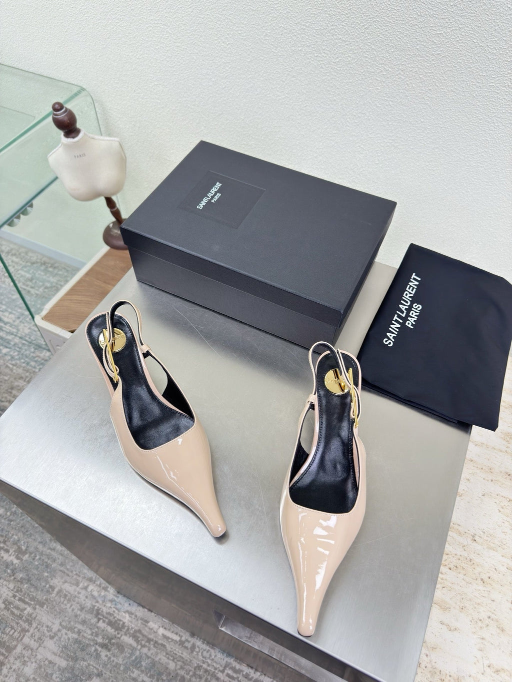 YSL 26S SLINGBACK HIGH HEELS 75 MM IN NUDE BEIGE GLOSSY CALFSKIN