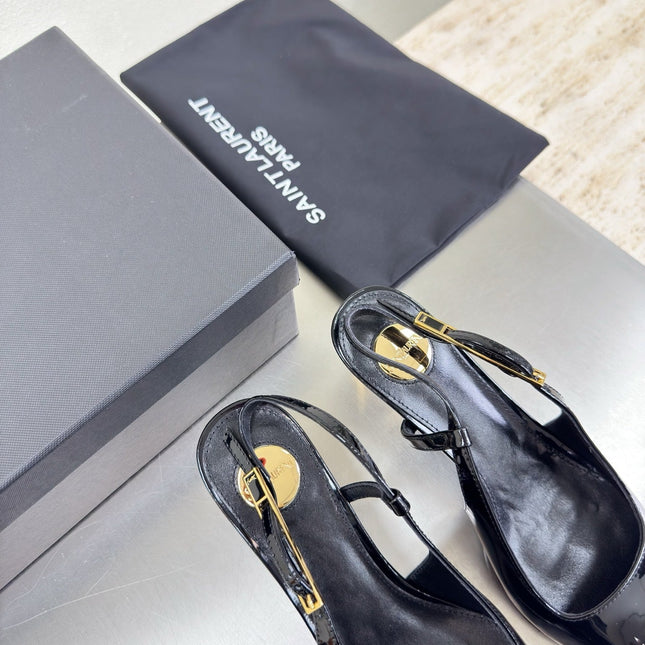 YSL 26S SLINGBACK HIGH HEELS 75 MM IN BLACK GLOSSY CALFSKIN