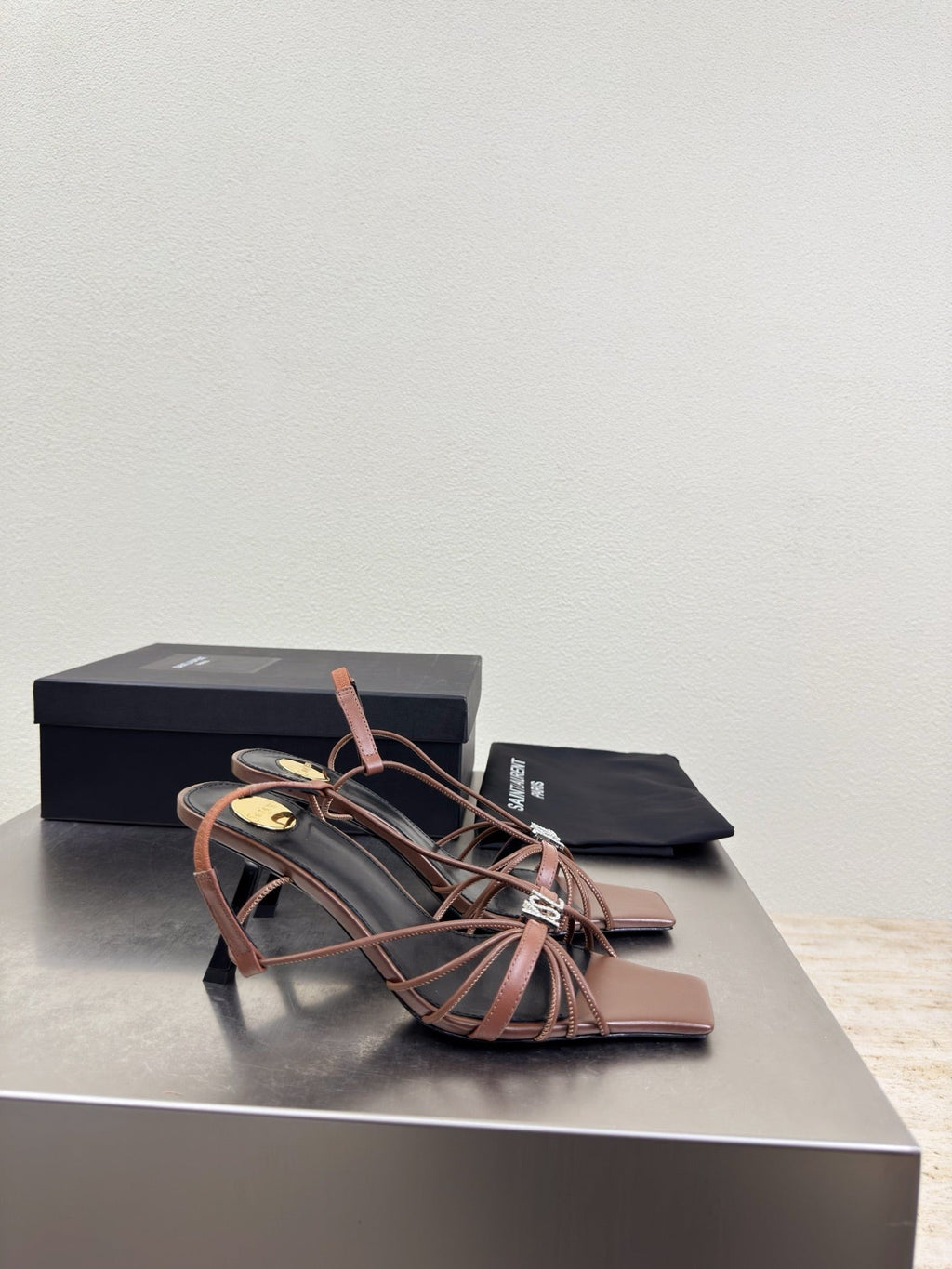 YSL 26S HIGH HEEL SANDALS 85 MM IN BROWN CALFSKIN WITH RHINESTONE LOGO