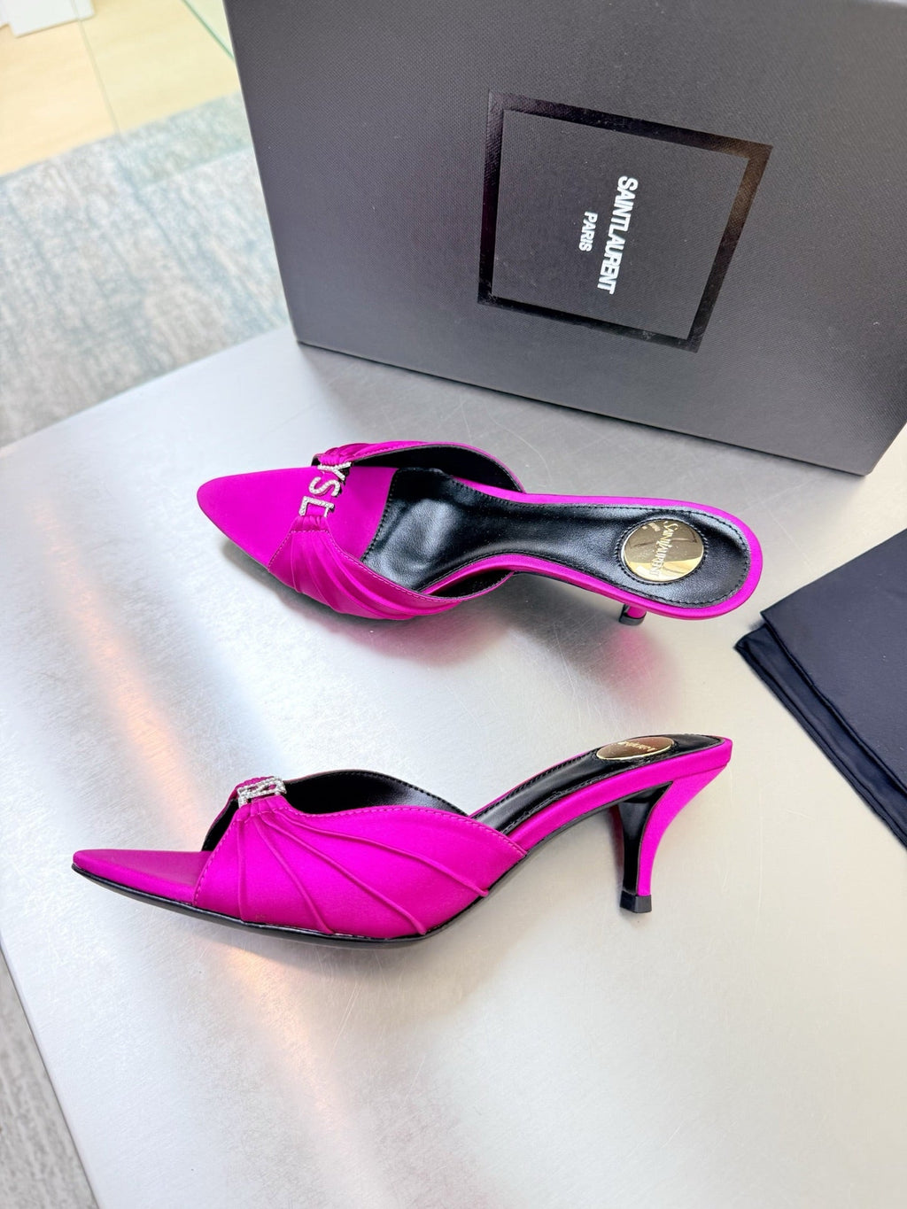 YSL 26S HIGH HEEL SANDALS 65 MM IN DARK PINK FABRIC