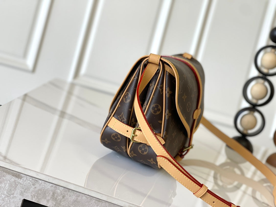 SAUMUR BB 35 IN BROWN MONOGRAM CANVAS AND LEATHER TRIM GOLD HARDWARE