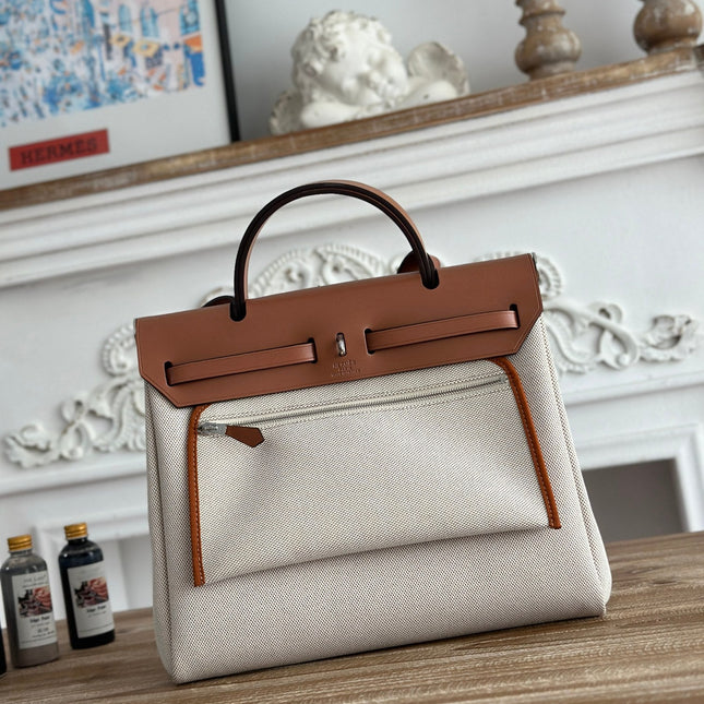 HERBAG ZIP 31 LAQUERED BAG IN OFF-WHITE MIX BROWN H PLUME CANVAS AND BROWN COWHIDE