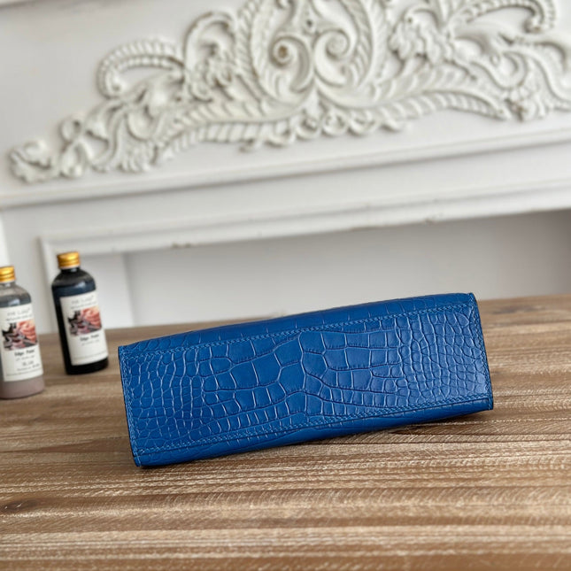 HM 25S KELLY MINI 22 CM IN COBALT BLUE LAMBSKIN WITH CROCODILE EMBOSSING AND SILVER HARDWARE