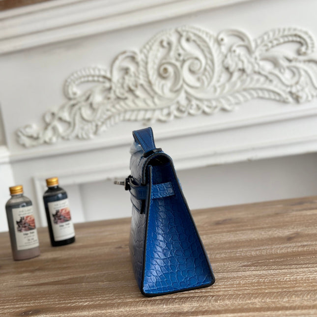 HM 25S KELLY MINI 22 CM IN COBALT BLUE LAMBSKIN WITH CROCODILE EMBOSSING AND SILVER HARDWARE