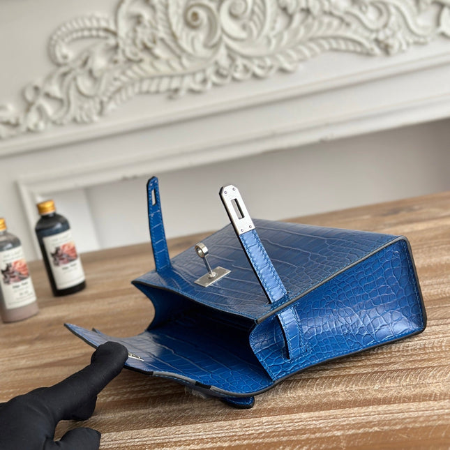 HM 25S KELLY MINI 22 CM IN COBALT BLUE LAMBSKIN WITH CROCODILE EMBOSSING AND SILVER HARDWARE