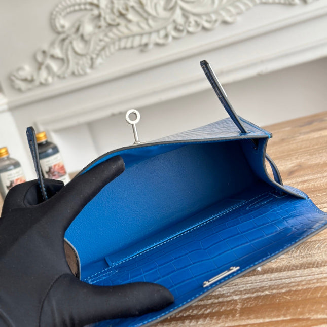 HM 25S KELLY MINI 22 CM IN COBALT BLUE LAMBSKIN WITH CROCODILE EMBOSSING AND SILVER HARDWARE