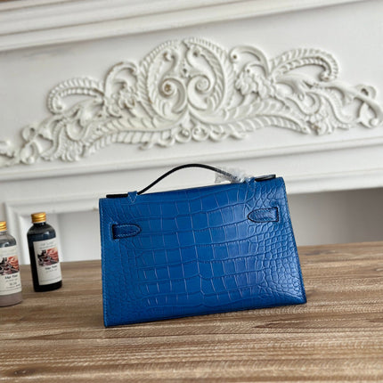 HM 26S KELLY MINI 22CM IN DARK BLUE CROC EMBOSSED CALFSKIN GOLD KELLY BUCKLE