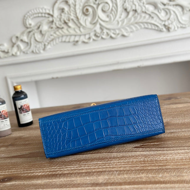 HM 25S KELLY MINI 22 CM IN COBALT BLUE LAMBSKIN WITH CROCODILE EMBOSSING AND GOLD HARDWARE