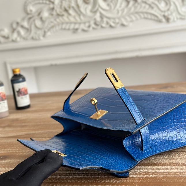 HM 25S KELLY MINI 22 CM IN COBALT BLUE LAMBSKIN WITH CROCODILE EMBOSSING AND GOLD HARDWARE