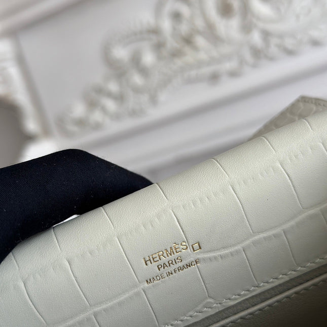 HM 26S KELLY MINI 22CM IN MILKY WHITE CROC EMBOSSED CALFSKIN GOLD KELLY BUCKLE