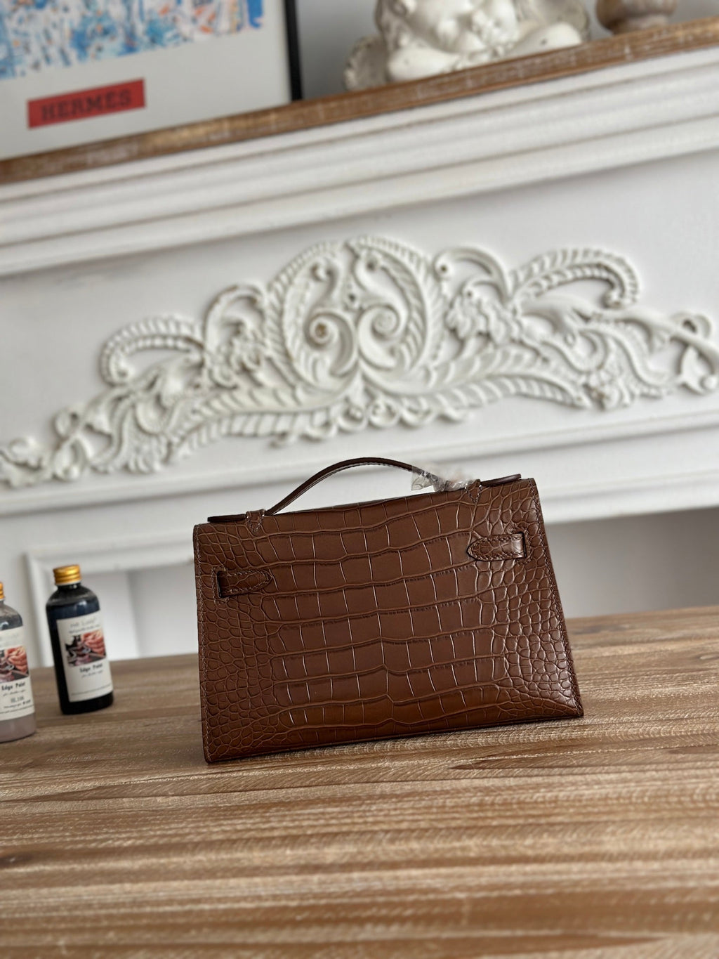 HM 25S KELLY MINI 22 CM IN BROWN LAMBSKIN WITH CROCODILE EMBOSSING AND SILVER HARDWARE