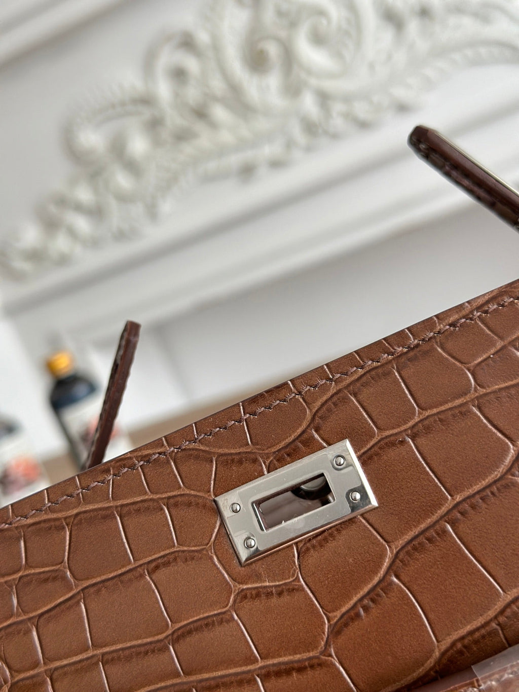 HM 25S KELLY MINI 22 CM IN BROWN LAMBSKIN WITH CROCODILE EMBOSSING AND SILVER HARDWARE