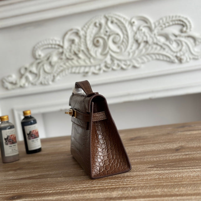 HM 26S KELLY MINI 22CM IN DARK BROWN CROC EMBOSSED CALFSKIN GOLD KELLY BUCKLE
