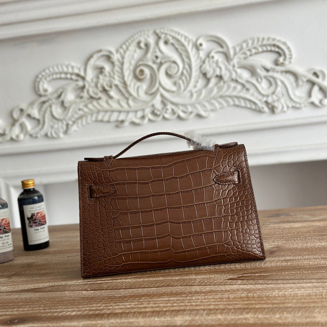 HM 25S KELLY MINI 22 CM IN BROWN LAMBSKIN WITH CROCODILE EMBOSSING AND GOLD HARDWARE