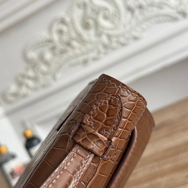 HM 25S KELLY MINI 22 CM IN BROWN LAMBSKIN WITH CROCODILE EMBOSSING AND GOLD HARDWARE