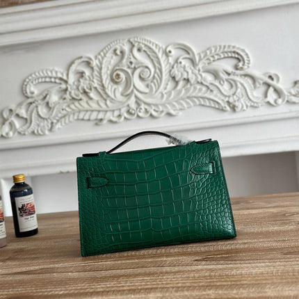 HM 26S KELLY MINI 22CM IN DARK GREEN CROC EMBOSSED CALFSKIN GOLD KELLY BUCKLE