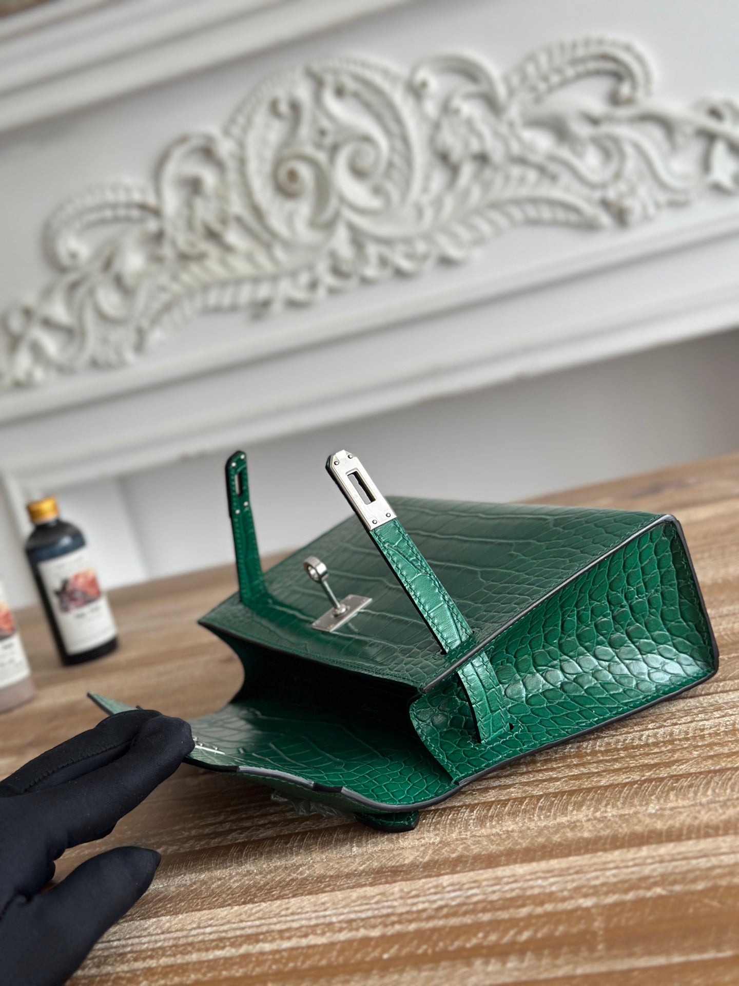 HM 25S KELLY MINI 22 CM IN DARK GREEN LAMBSKIN WITH CROCODILE EMBOSSING AND SILVER HARDWARE
