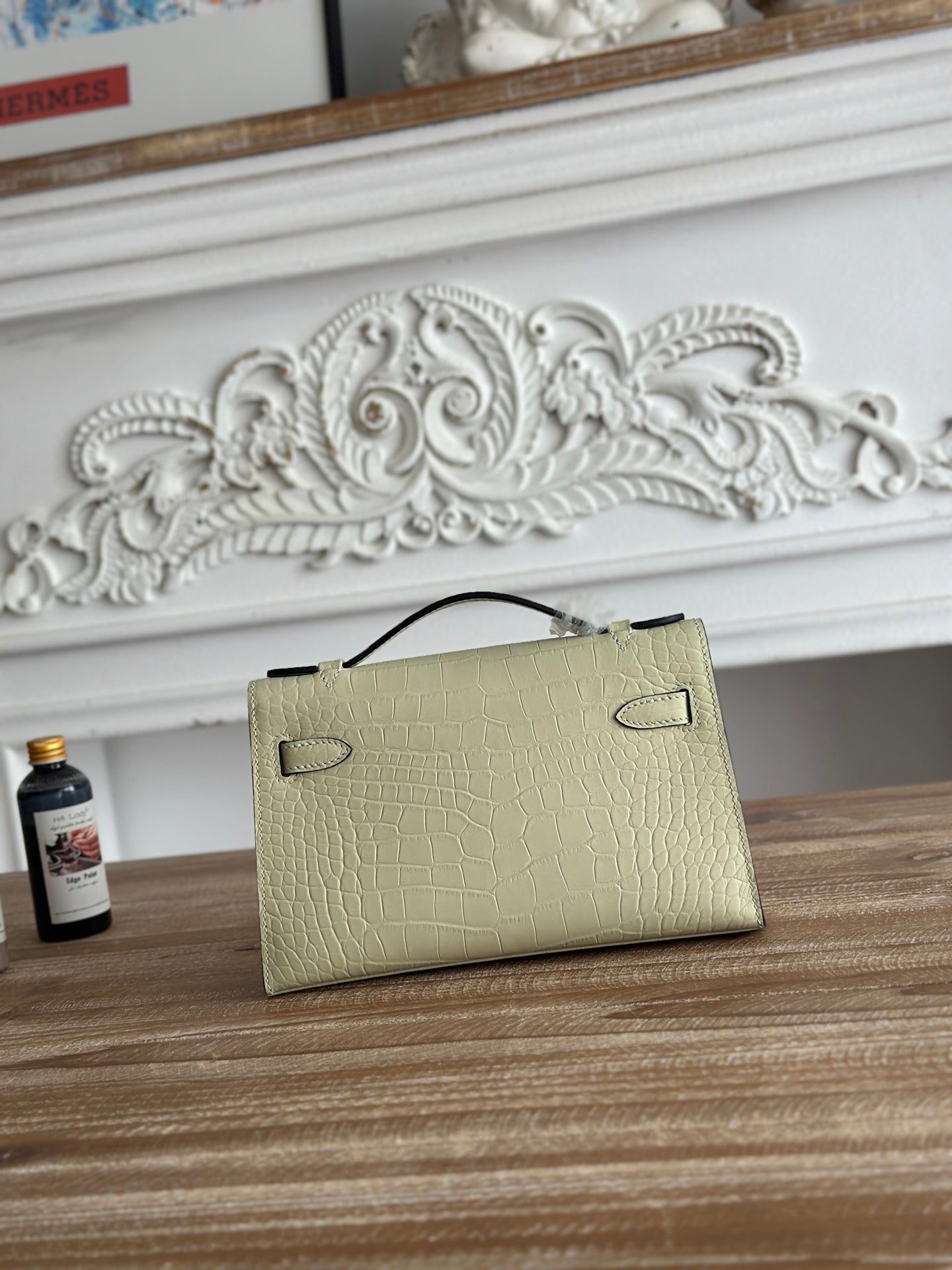HM 25S KELLY MINI 22 CM IN LIGHT KHAKI LAMBSKIN WITH CROCODILE EMBOSSING AND SILVER HARDWARE