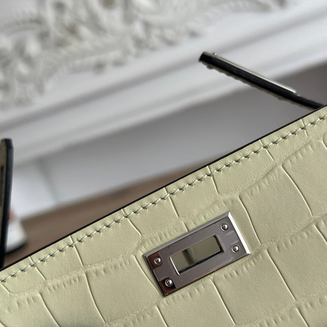 HM 25S KELLY MINI 22 CM IN LIGHT KHAKI LAMBSKIN WITH CROCODILE EMBOSSING AND SILVER HARDWARE