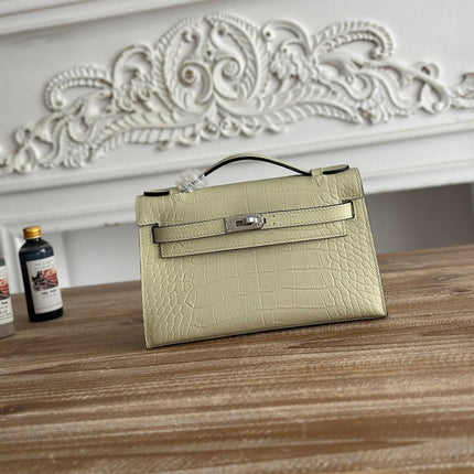HM 26S KELLY MINI 22CM IN BEIGE CROC EMBOSSED CALFSKIN SILVER KELLY BUCKLE