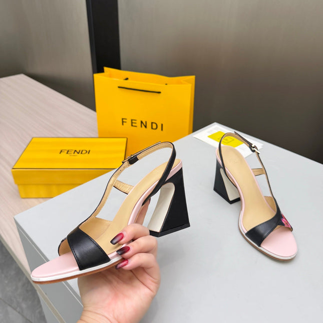 FENDI 26S SLINGBACK SANDALS IN BLACK CALFSKIN AND CANVAS