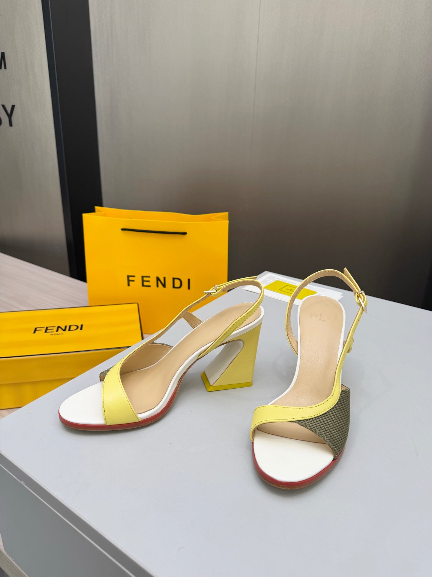 FENDI 26S SLINGBACK SANDALS IN YELLOW CALFSKIN AND GREEN CANVAS