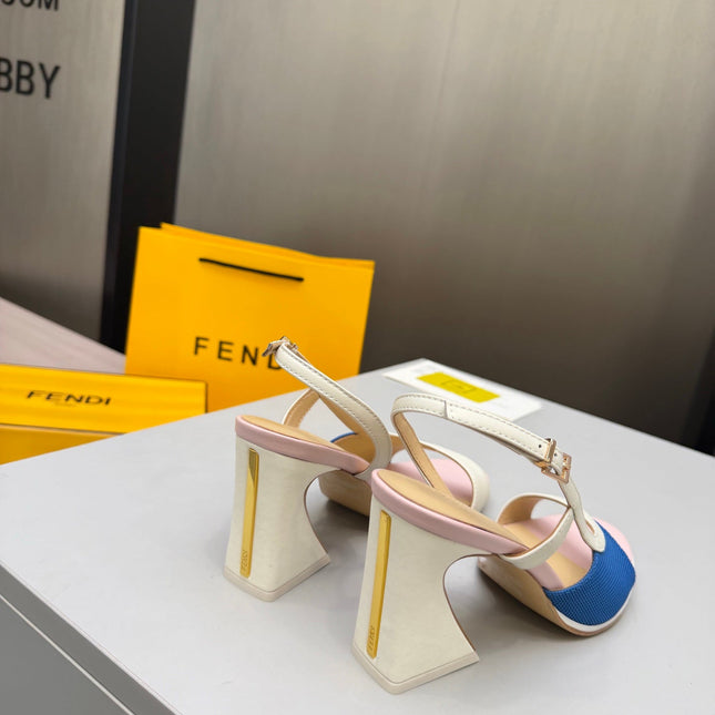 FENDI 26S SLINGBACK SANDALS IN WHITE CALFSKIN AND BLUE CANVAS