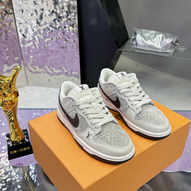 LV 26S DUNK LOW SNEAKERS IN LIGHT GREY BROWN CALFSKIN AND SUEDE