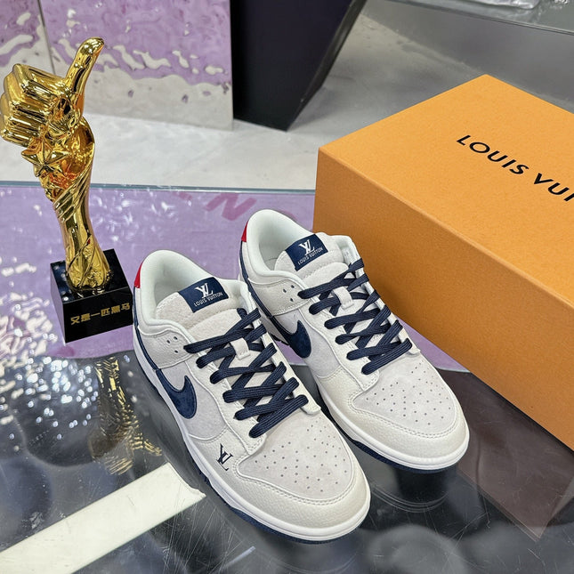 LV 26S DUNK LOW SNEAKERS IN WHITE NAVY CALFSKIN AND SUEDE