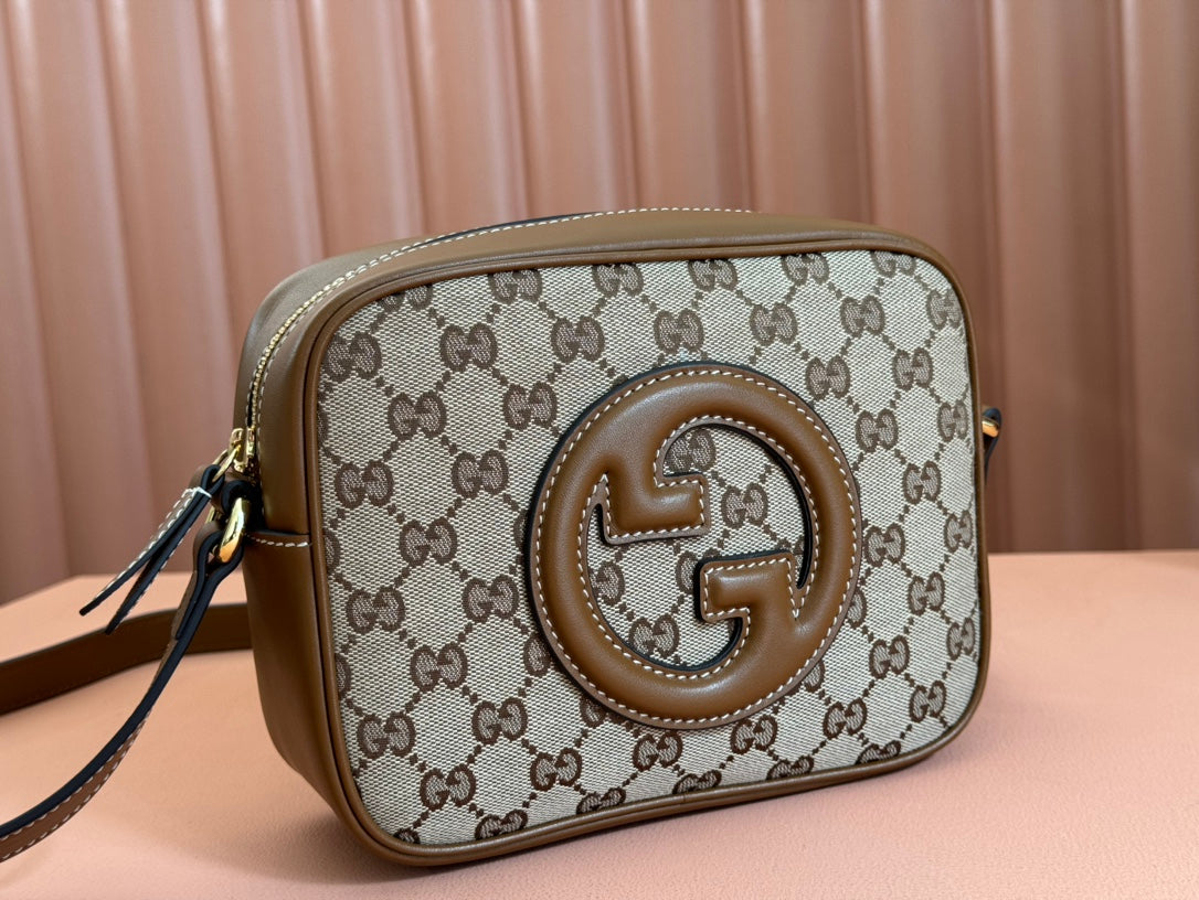BLONDIE SMALL SHOULDER BAG 21 IN BEIGE AND DARK BROWN CANVAS BROWN CALFSKIN