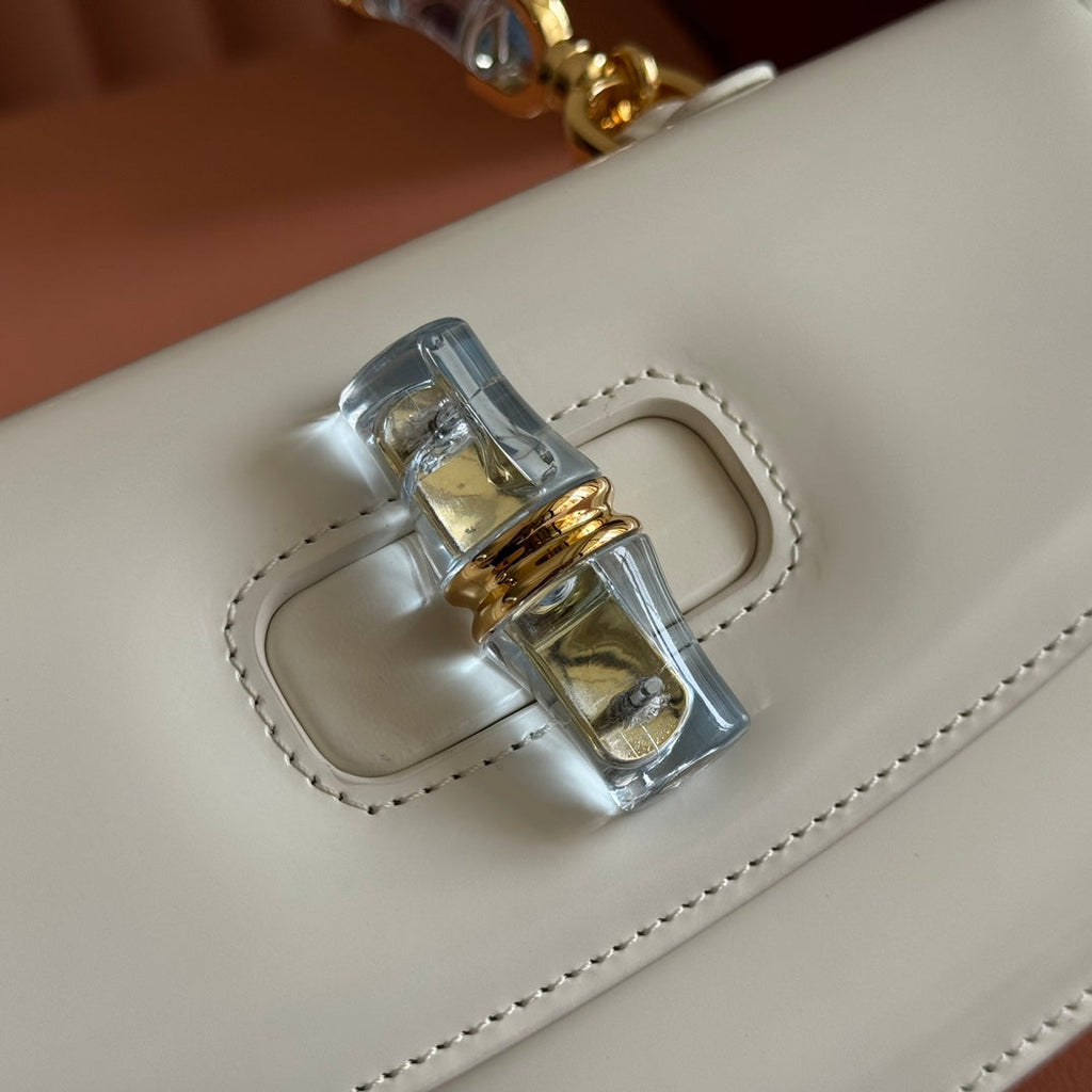 BAMBOO DIVE MEDIUM BAG 27 IN WHITE SHINY CALFSKIN RESIN BRASS BAMBOO-SHAPED HARDWARE