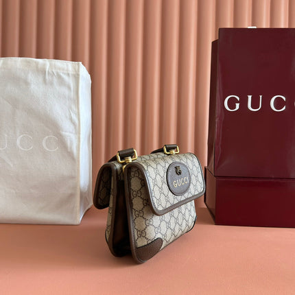 GUCCI NEO VINTAGE TIGER HEAD CROSSBODY BAG 22 IN CANVAS BROWN LEATHER TRIM