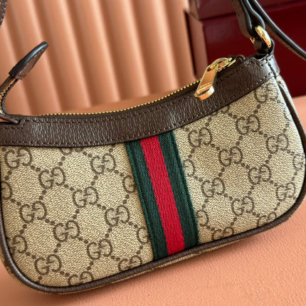 GUCCI 25S OPHIDIA SMALL SHOULDER BAG 19 IN BEIGE CANVAS AND BROWN CALFSKIN