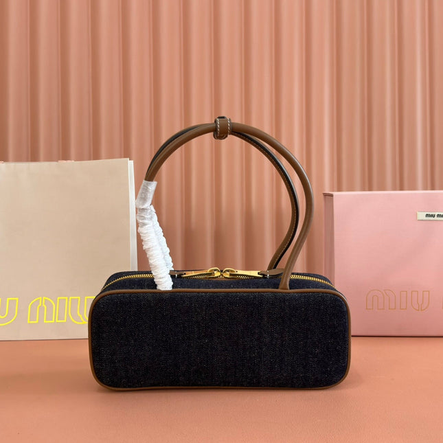 MIUMIU 25S BEAU DENIM BAG 28 IN DARK BLUE DENIM AND BROWN CALFSKIN