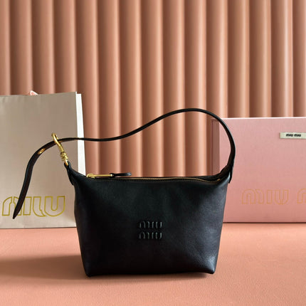 MIUMIU 26S CORDUROY POUCH BAG 25 IN BLACK CALFSKIN GOLD HARDWARE