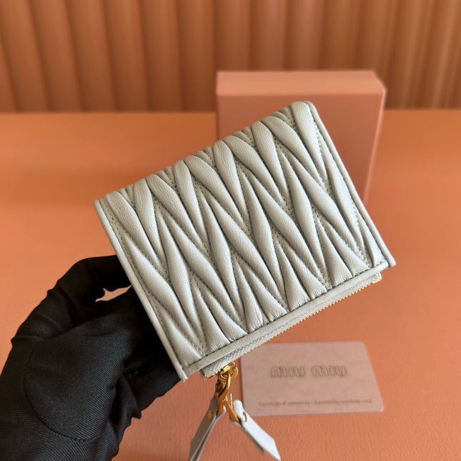 MIUMIU 26S SMALL MATELASSE CARD HOLDER 11 IN BLUE GRAY CALFSKIN GOLD HARDWARE