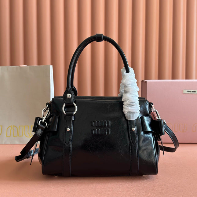 MIUMIU 26S SHOULDER BAG 28 IN BLACK SHINY CALFSKIN