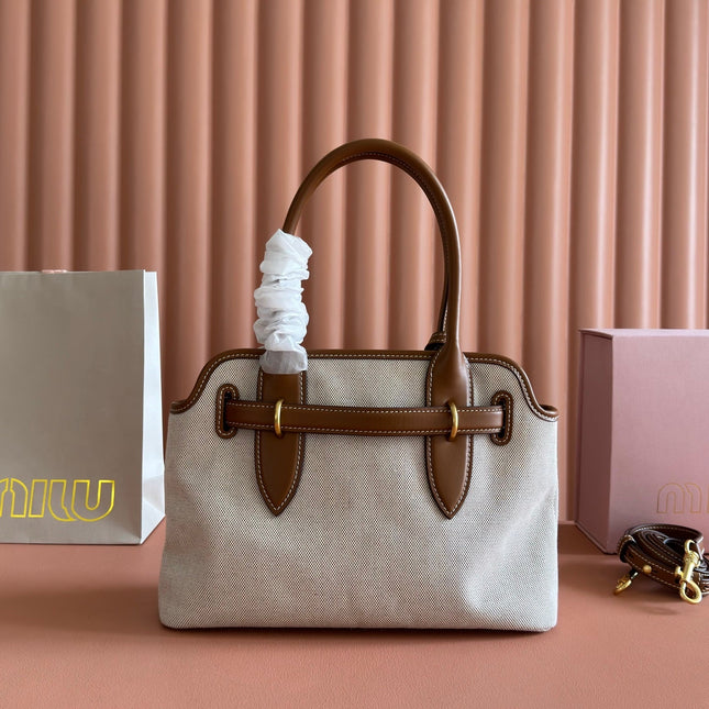 MIUMIU 26S HANDBAG 31 IN BROWN LEATHER AND BEIGE CANVAS